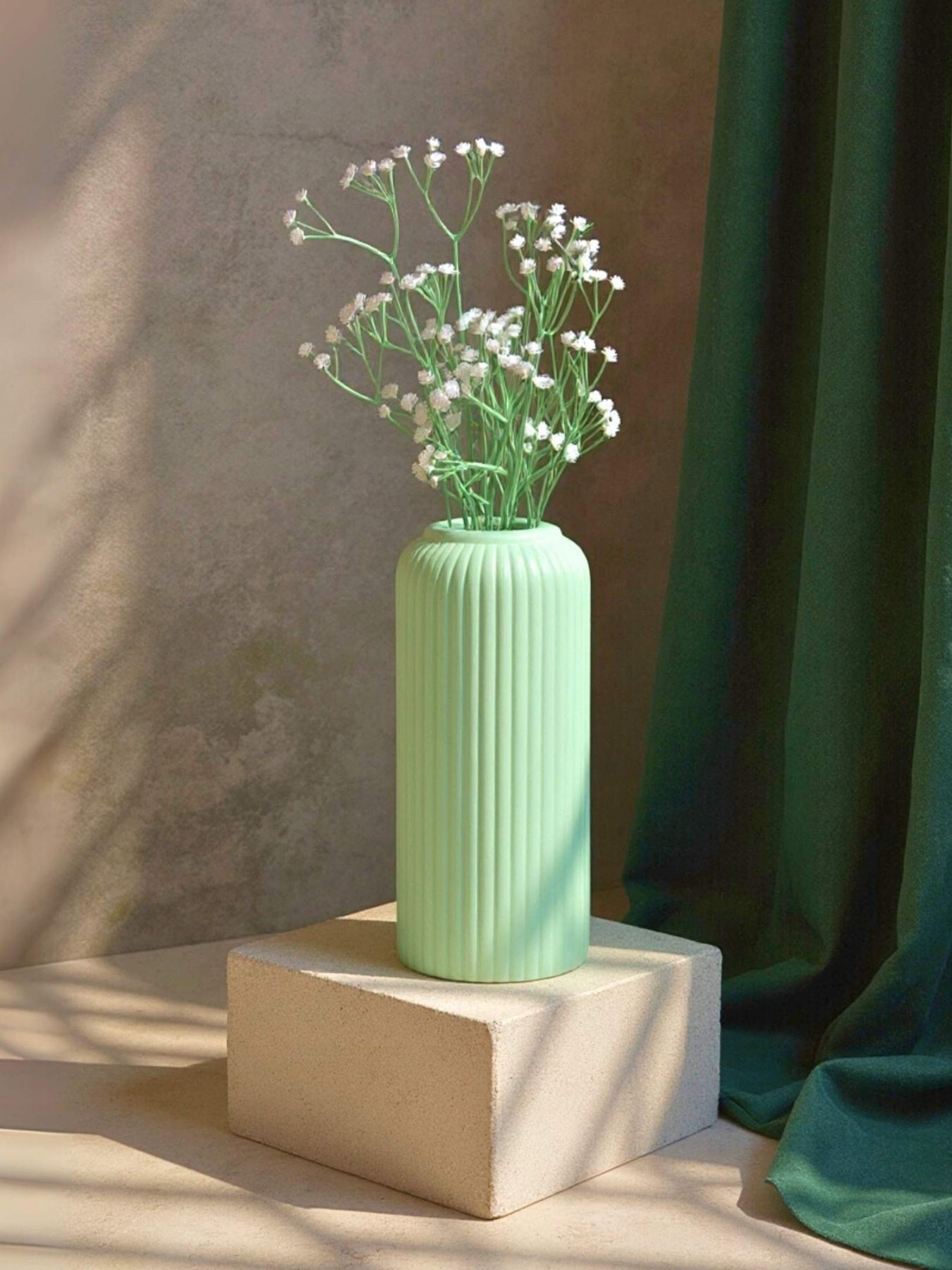 Ribbed Design Green Ceramic Flower Vase- 10″(LARGE -Without Flower)