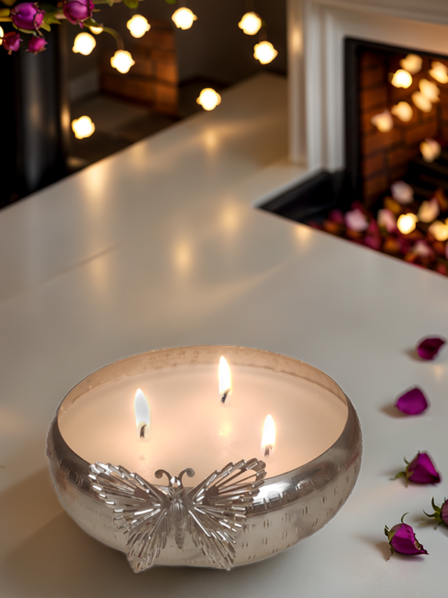 Urli Bowl-Wax Filled, Nickle Finish with Butterly Motif