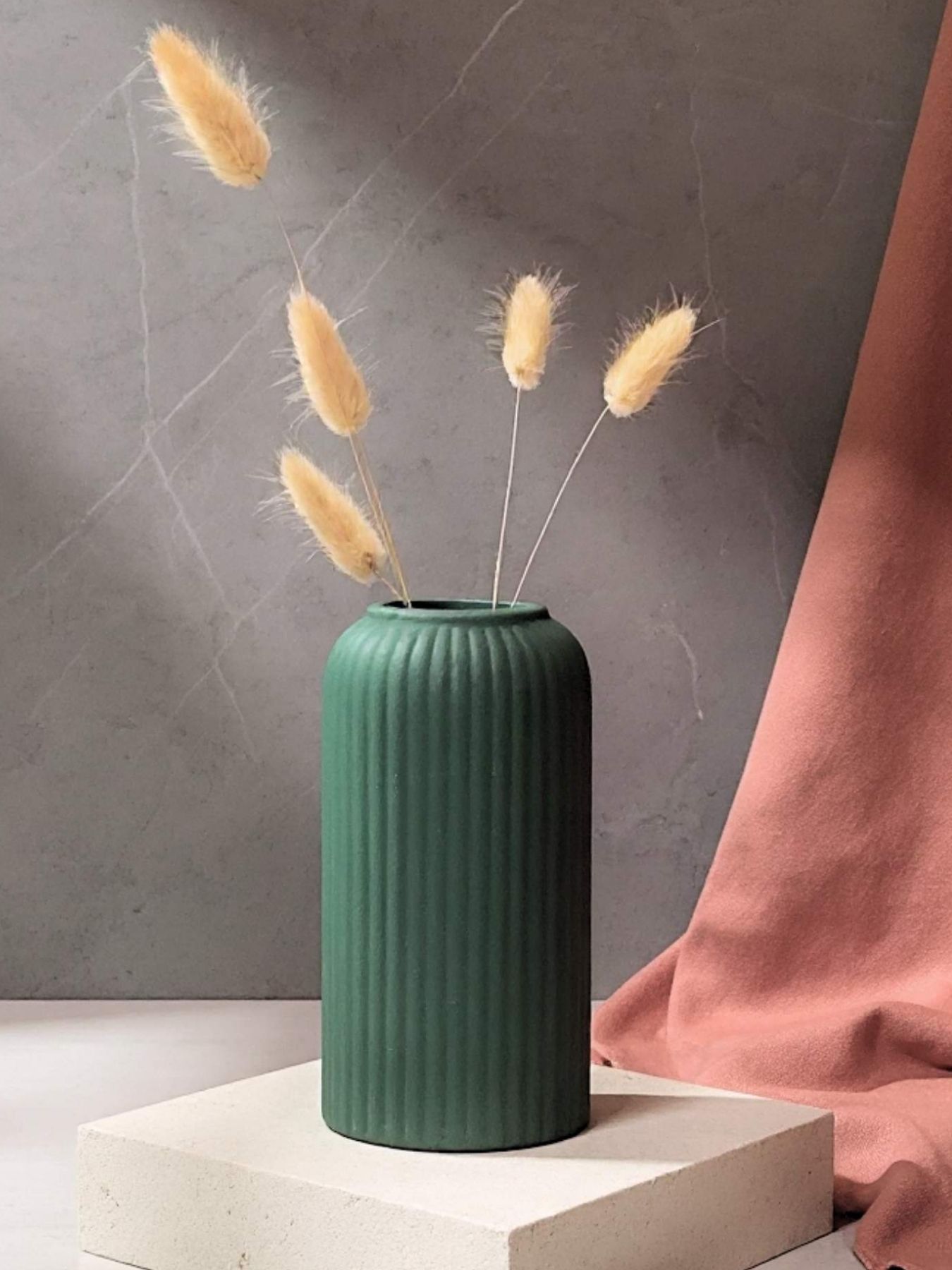 Ribbed Design Bottle Green Ceramic Flower Vase – 6″(Small -Without Flower)