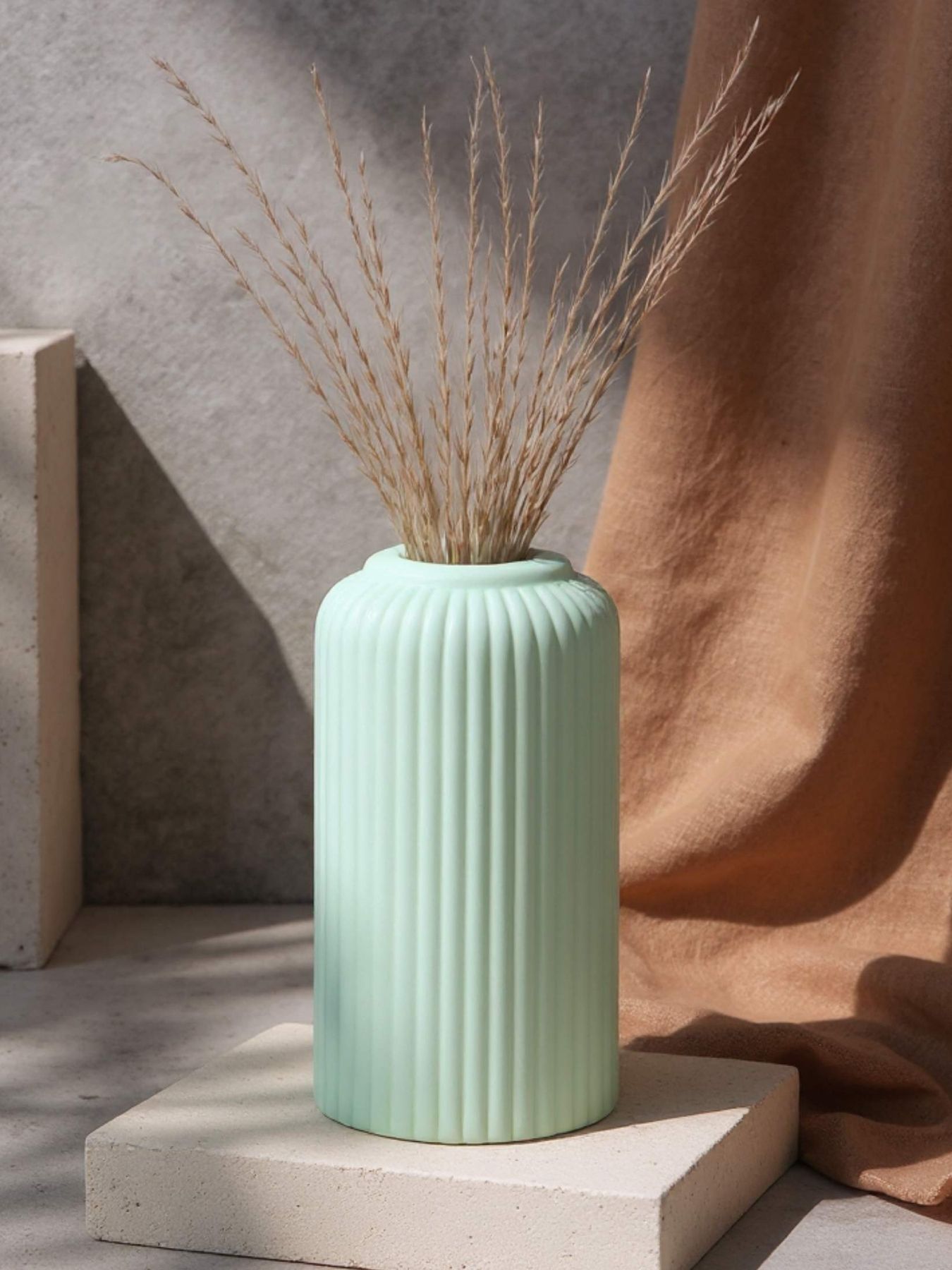 Ribbed Design Light Green Ceramic Flower Vase – 6″(Small -Without Flower)