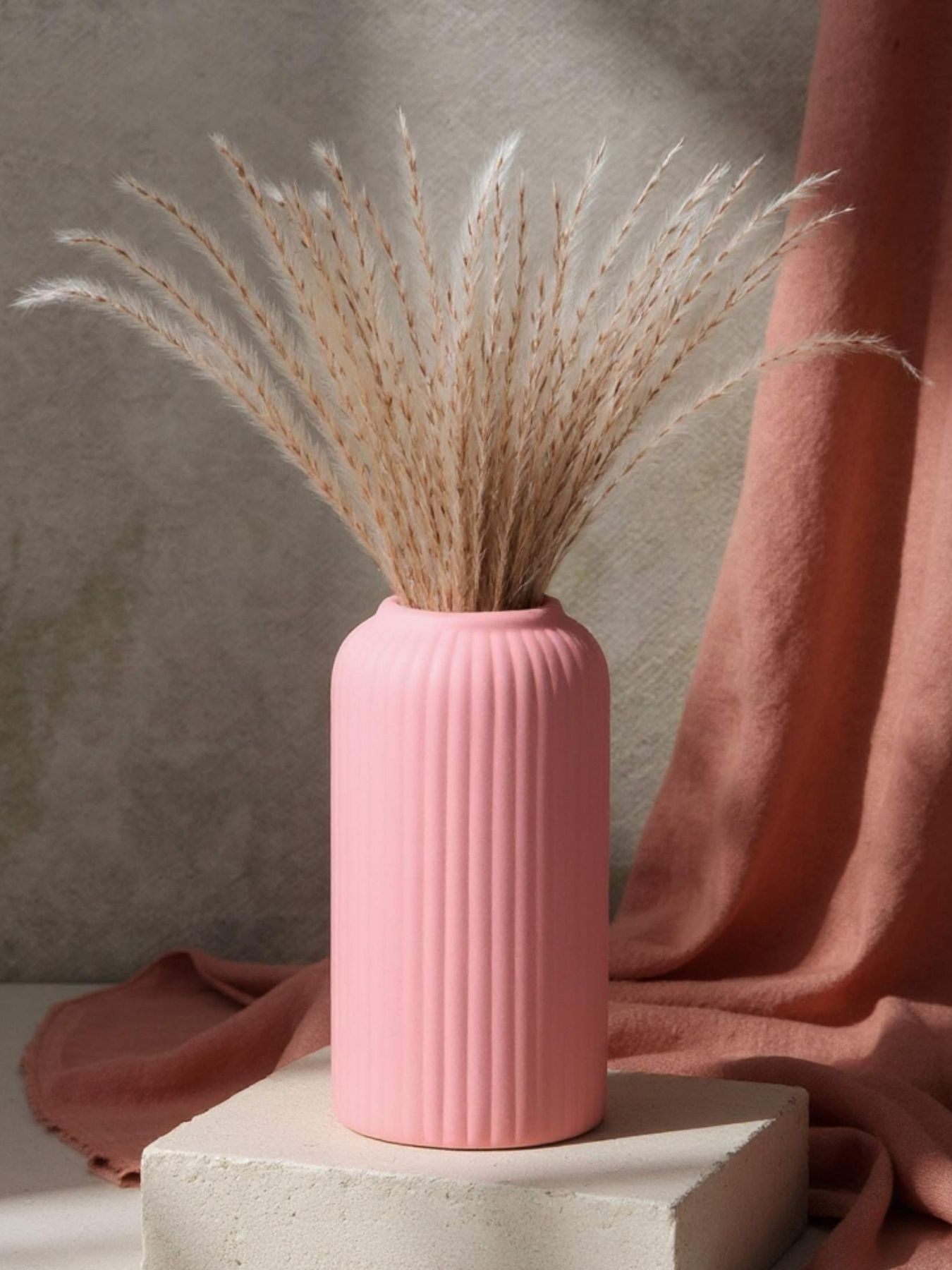 Ribbed Design Pink Matt Ceramic Flower Vase- 6″(Small -Without Flower)