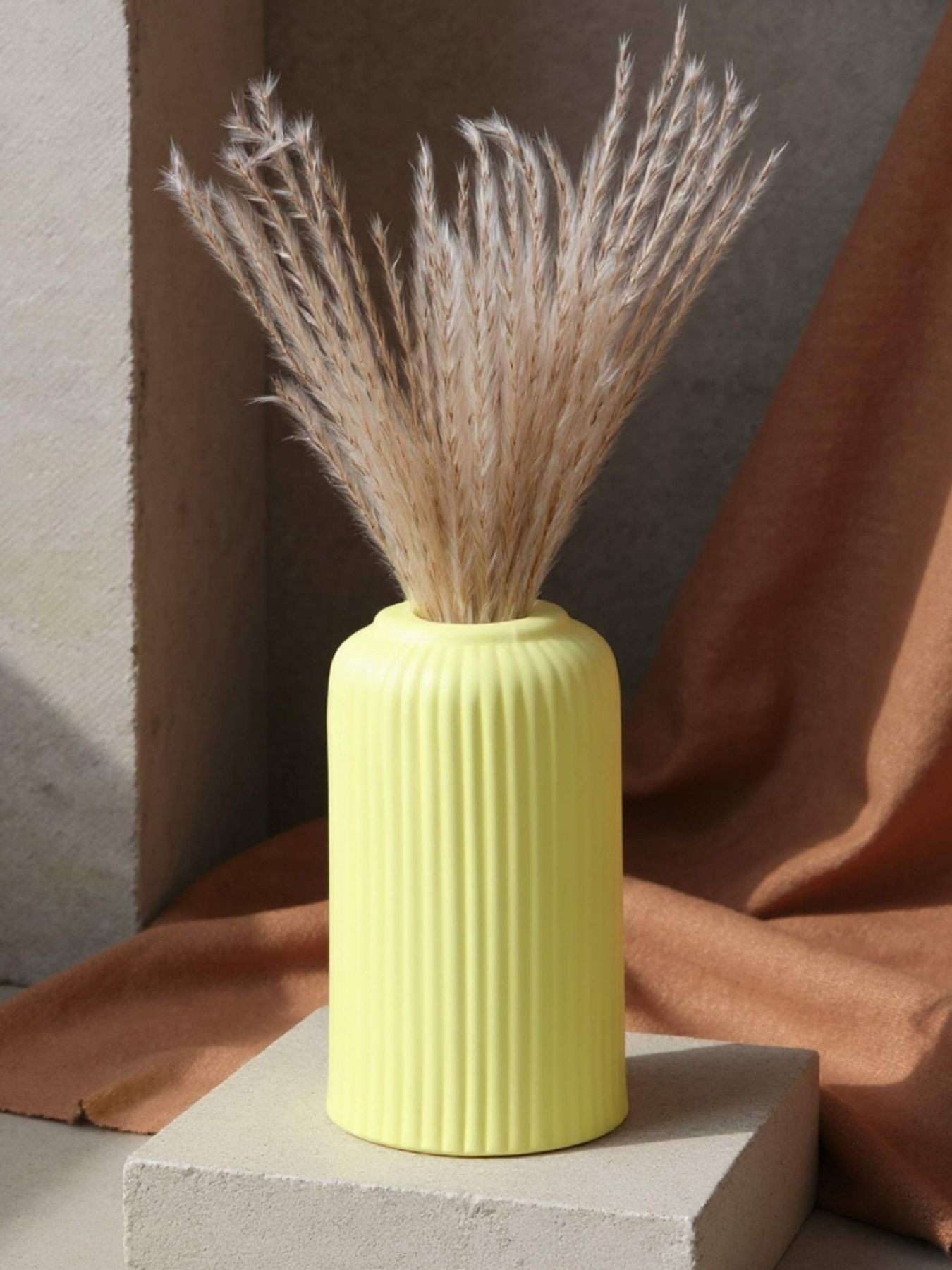 Ribbed Design Yellow Ceramic Flower Vase – 6″(Small -Without Flower)