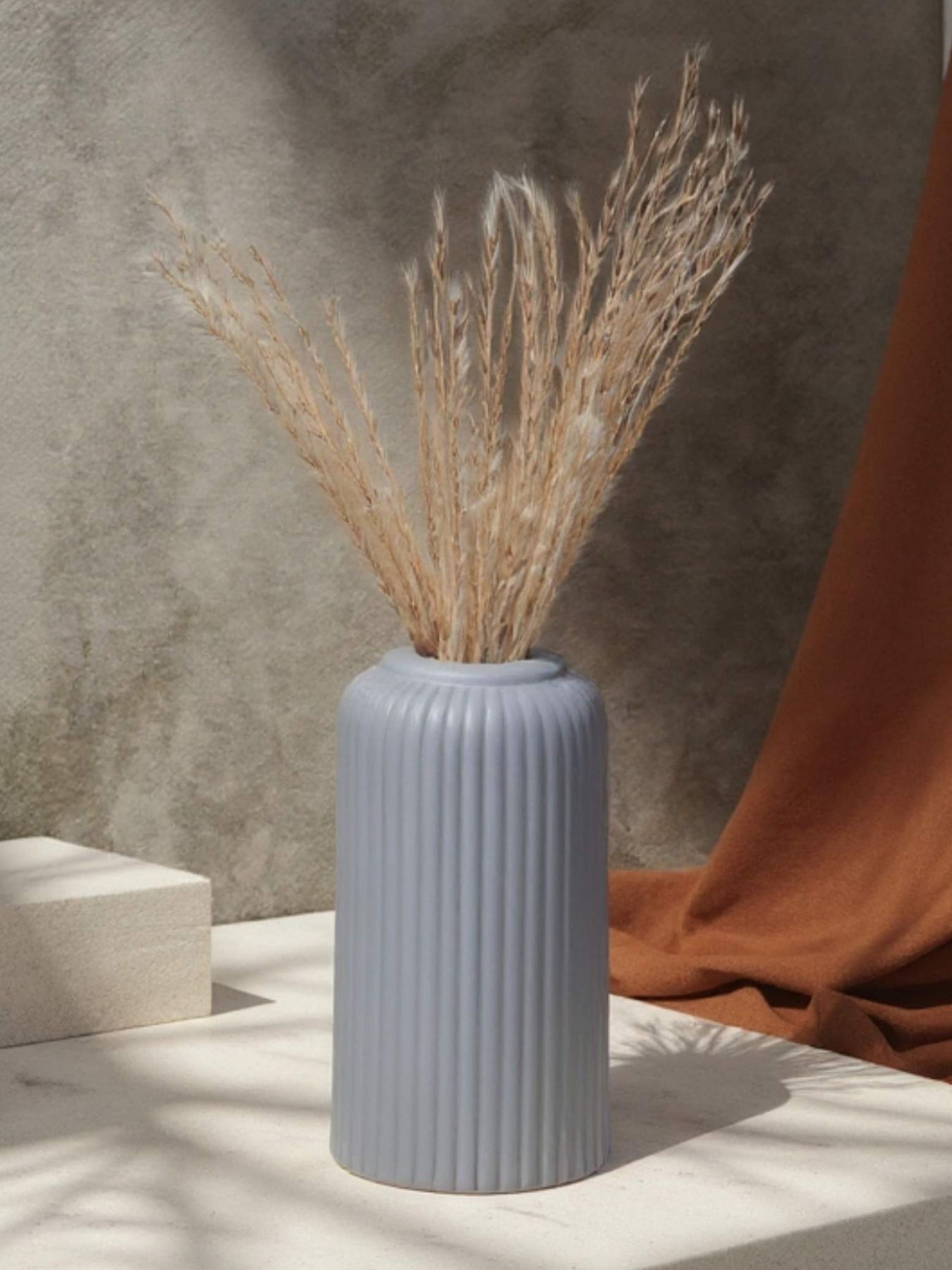 Ribbed Design Grey Ceramic Flower Vase- 6″(Small -Without Flower)