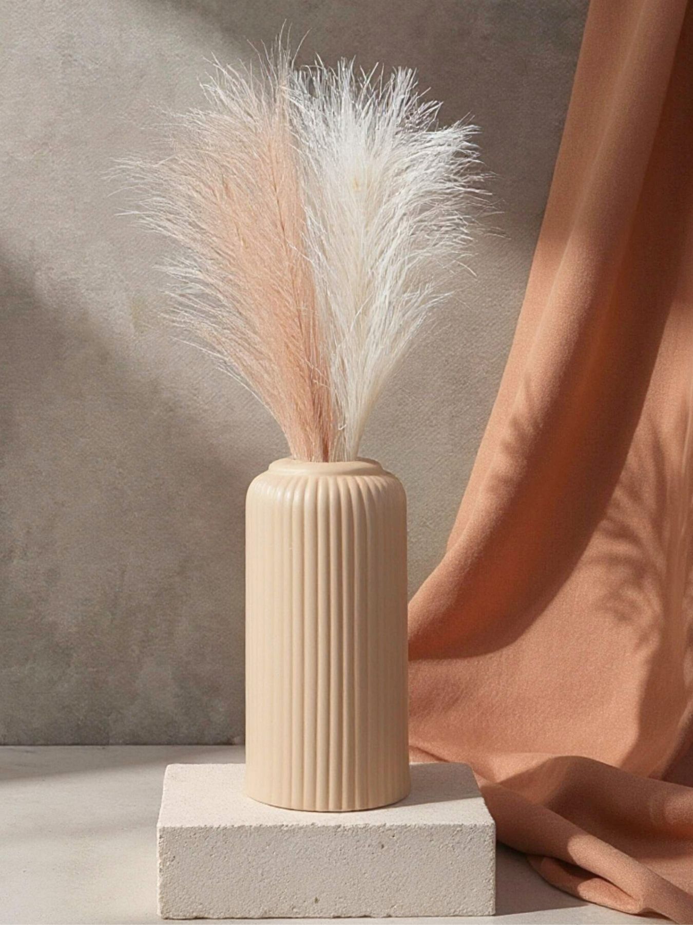 Ribbed Design Beidge Ceramic Flower Vase – 8″ (Medium -Without Flower)