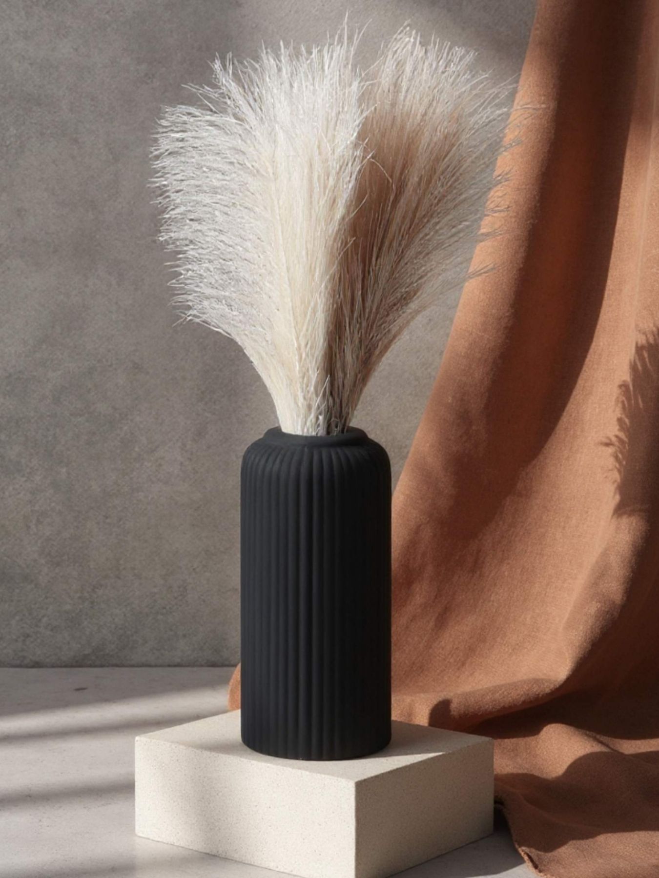 Ribbed Design Black Matt Ceramic Flower Vase-  8″ (Medium -Without Flower)