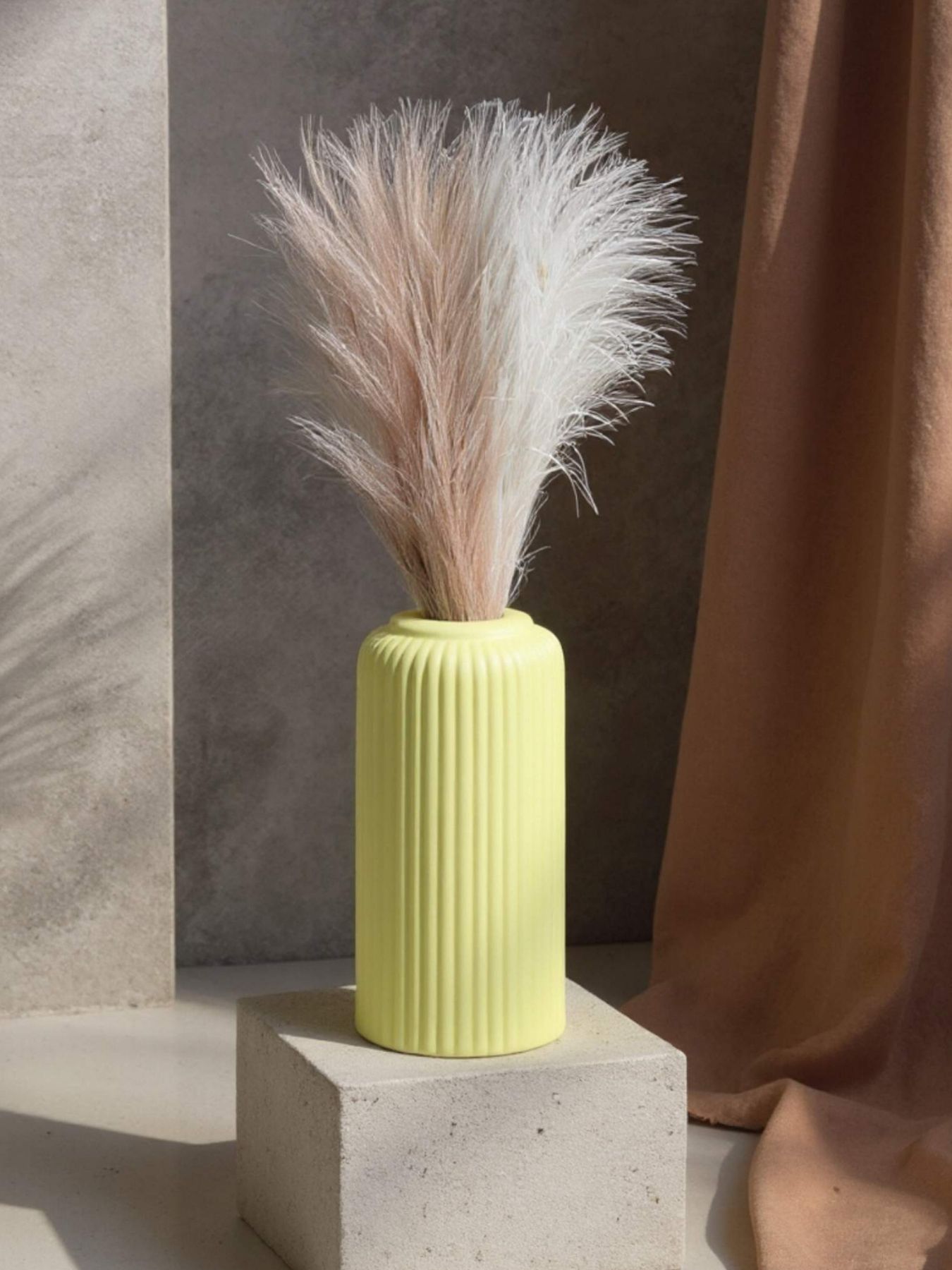 Ribbed Design Yellow Ceramic Flower Vase- 8″ (Medium -Without Flower)