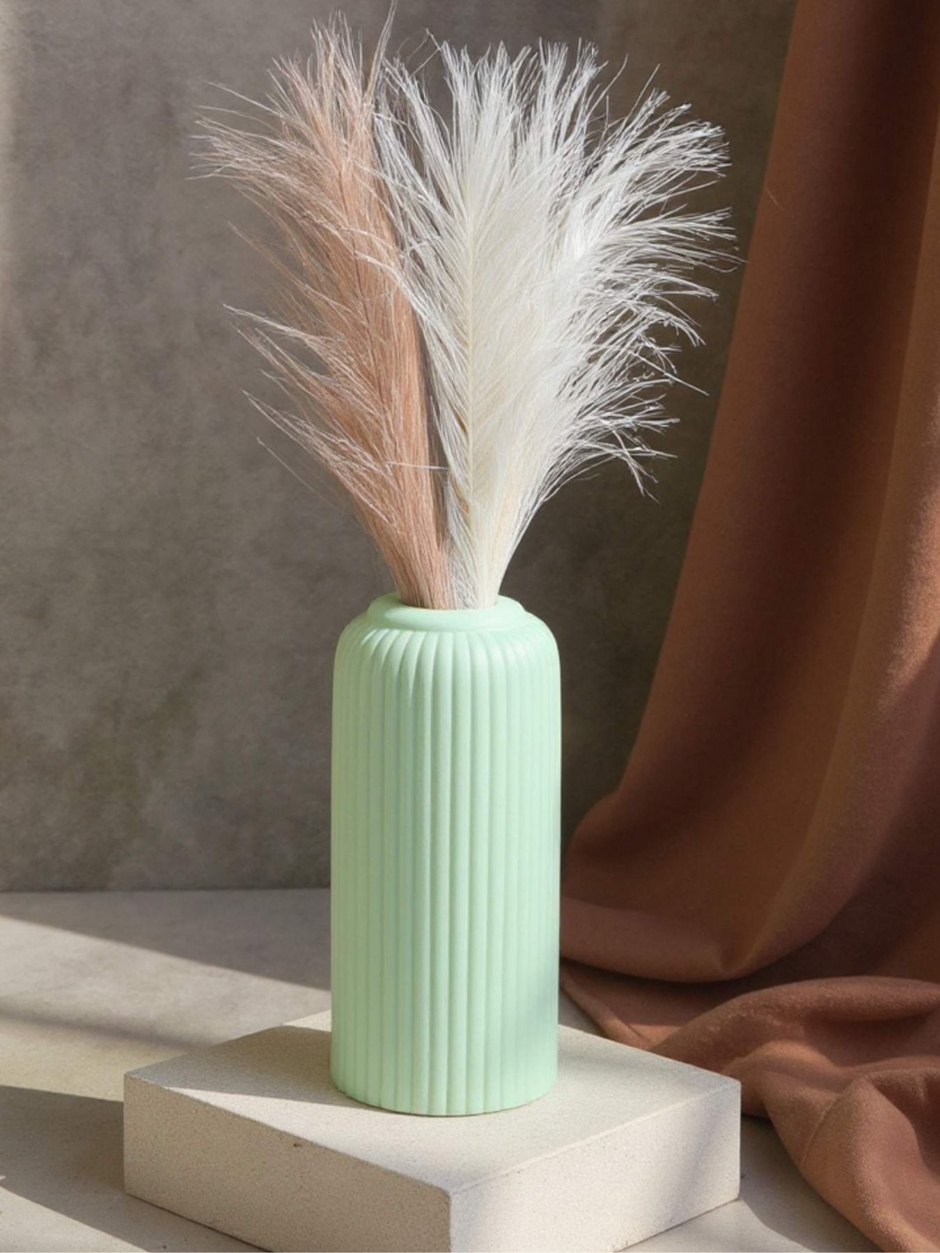 Ribbed Design Light Green Ceramic Flower Vase – 8″ (Medium -Without Flower)