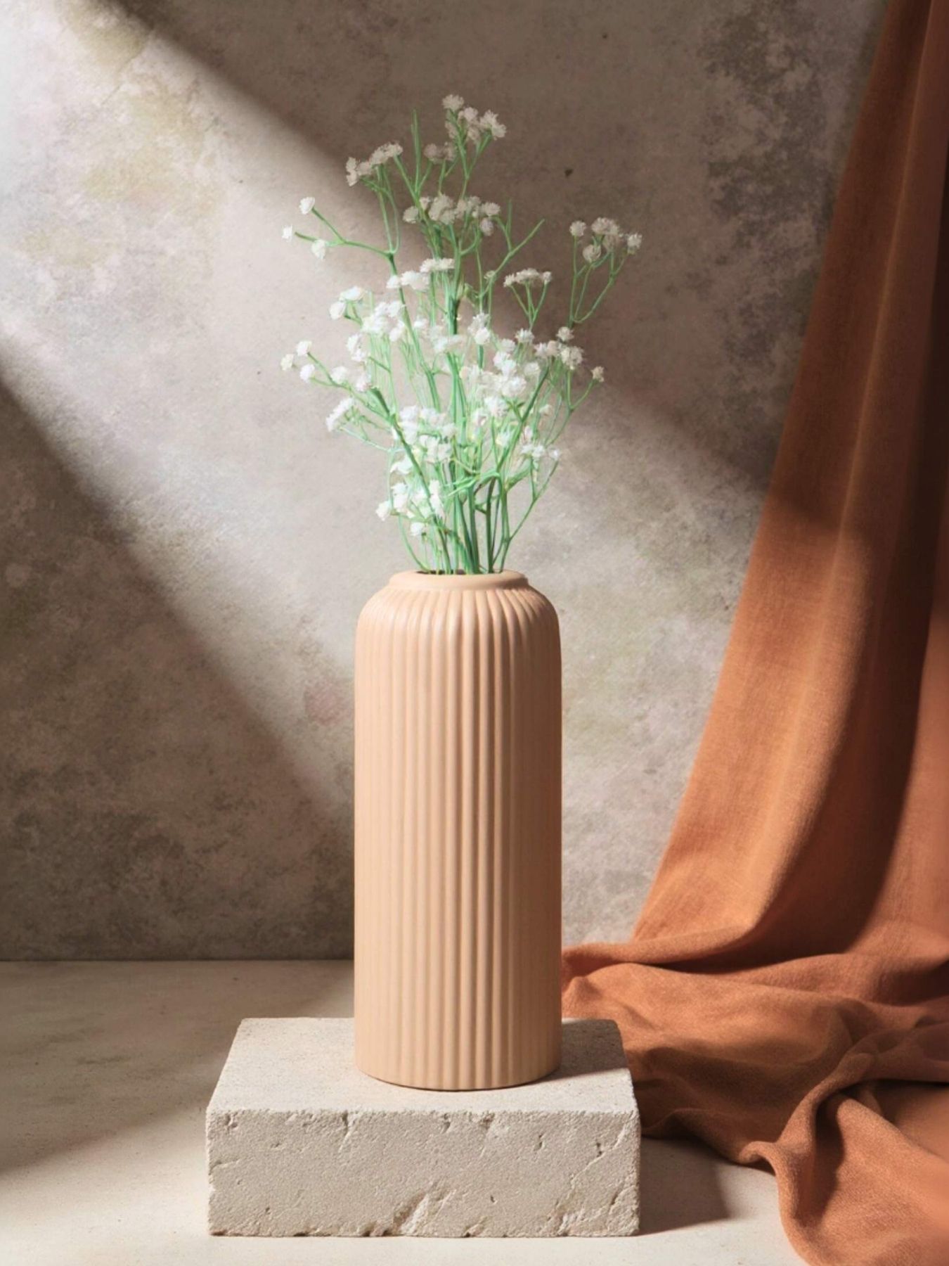 Ribbed Design Beidge Ceramic Flower Vase- 10″(LARGE -Without Flower)