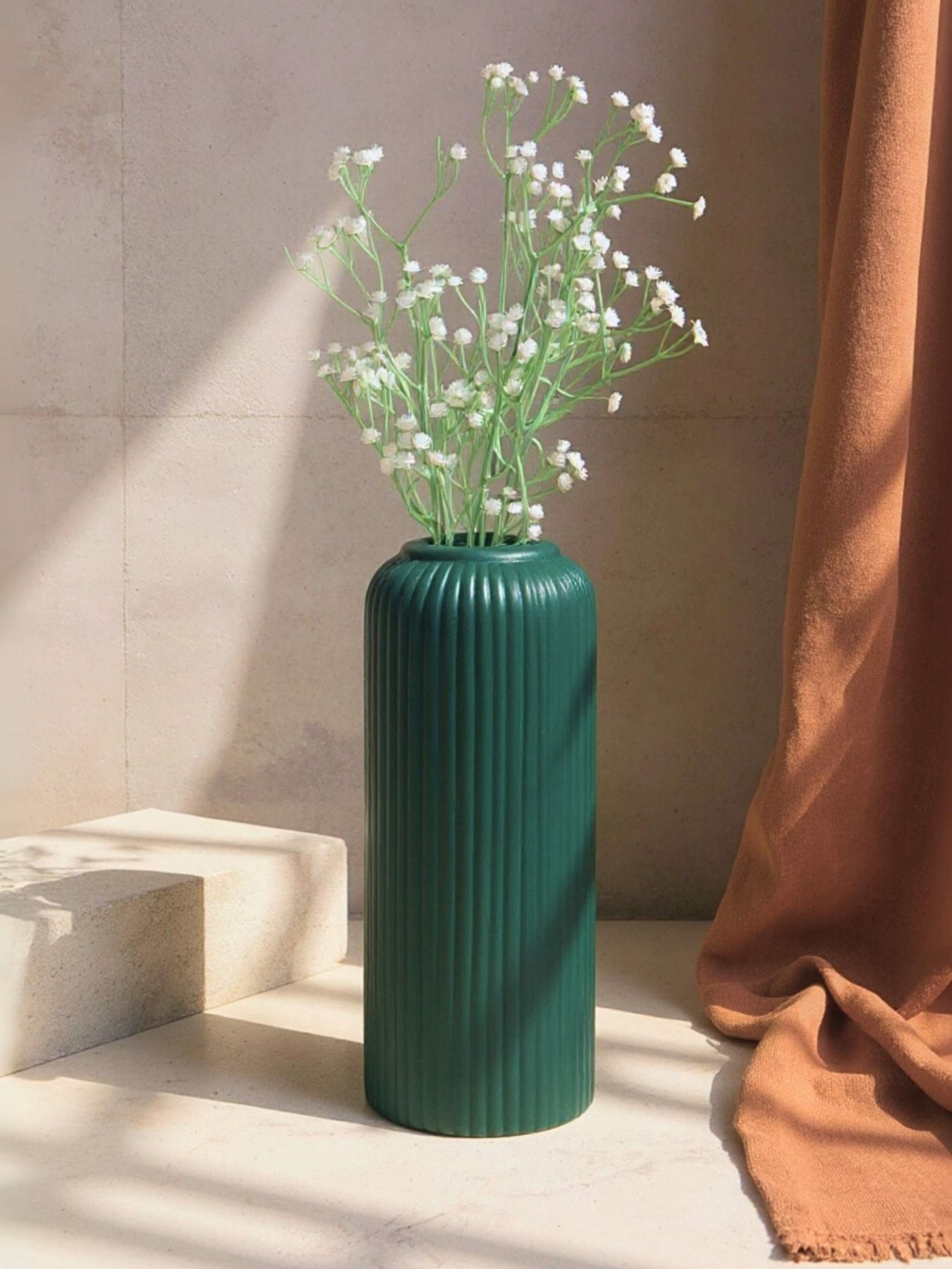 Ribbed Design Bottle Green Ceramic Flower Vase- 10″(LARGE -Without Flower)