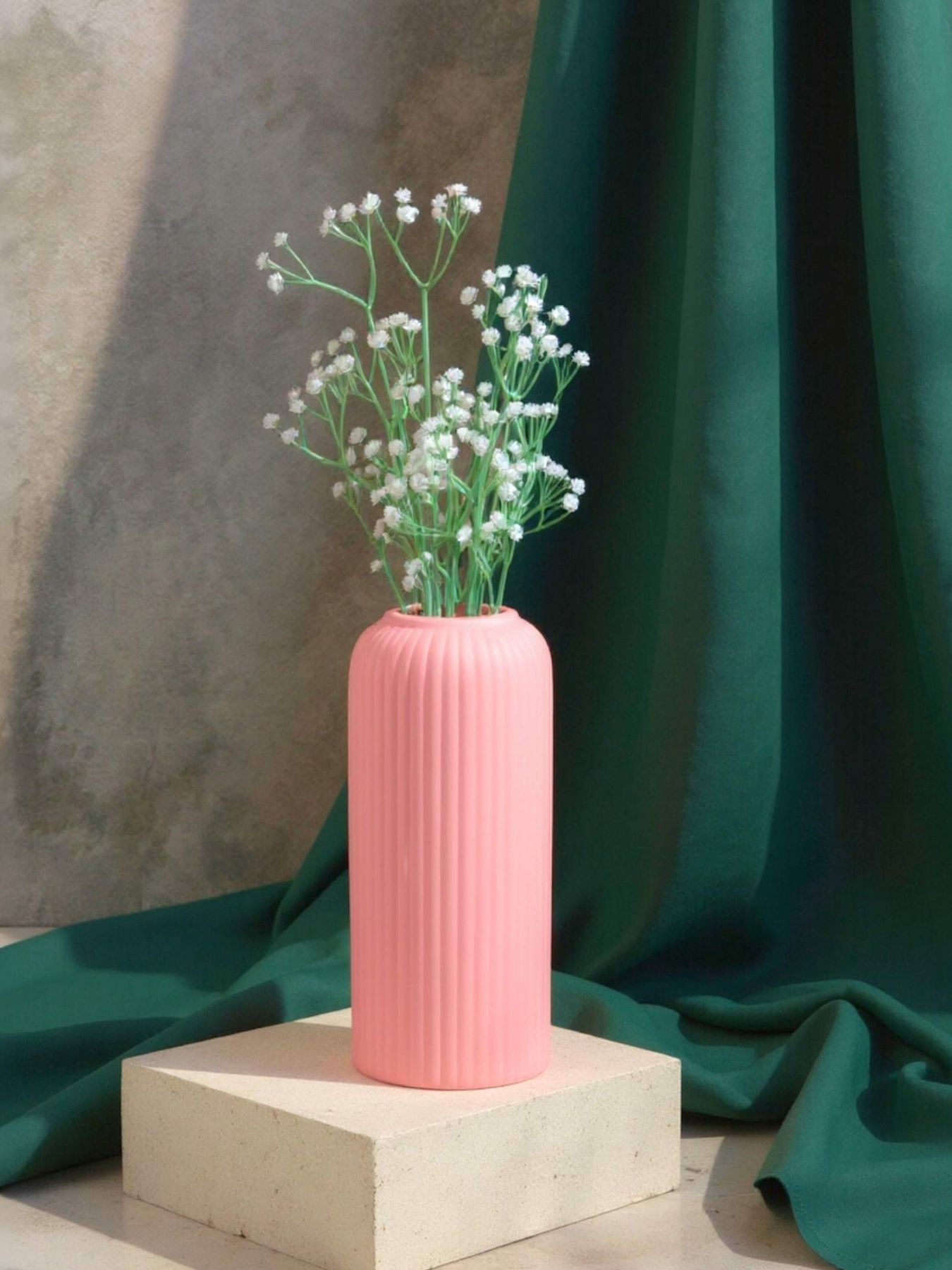 Ribbed Design Pink Ceramic Flower Vase- 10″(LARGE -Without Flower)