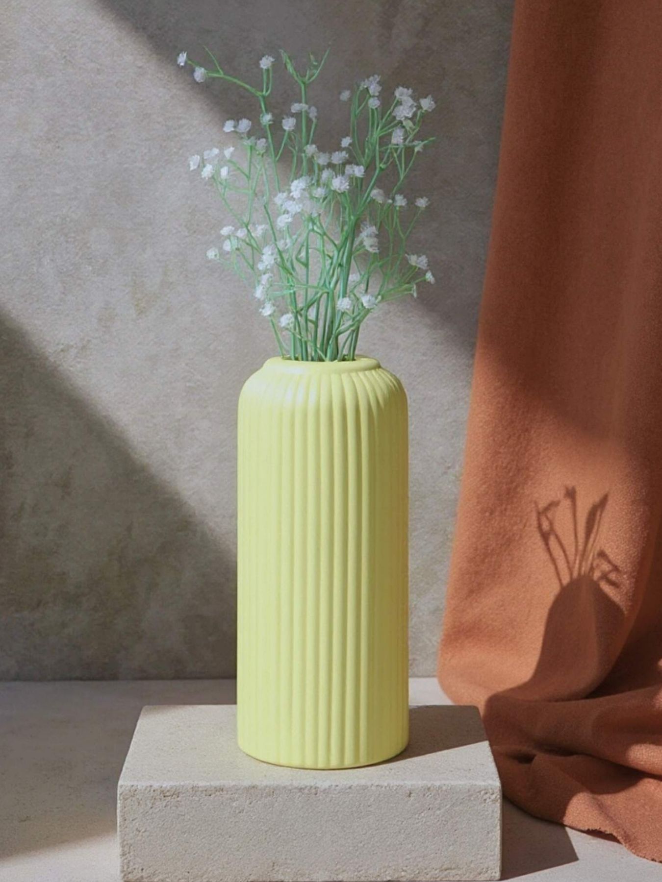 Ribbed Design Yellow Ceramic Flower Vase- 10″(LARGE -Without Flower)