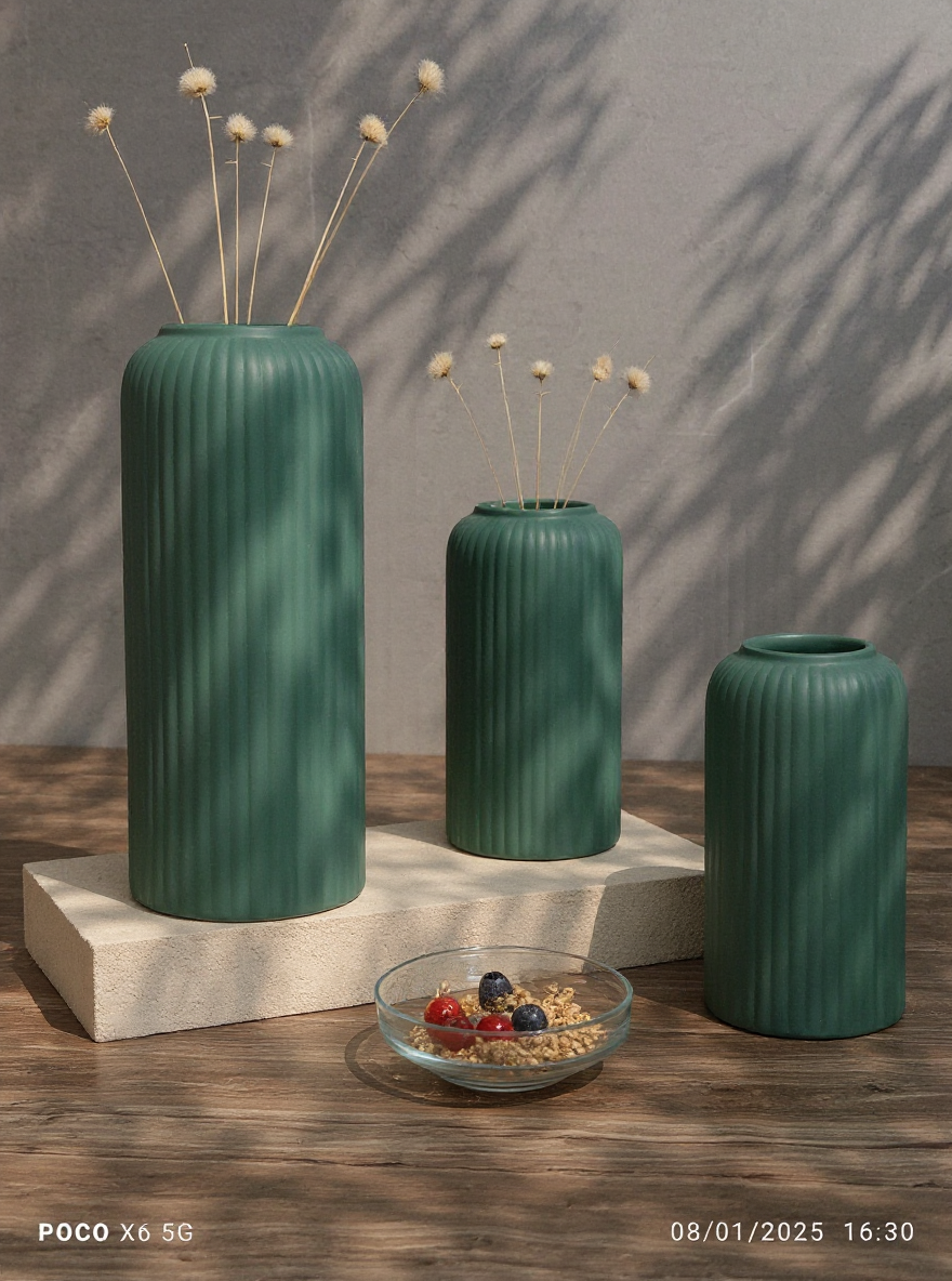 Modern Ceramic Flower Vase Set of 3 pcs (Dark Green)