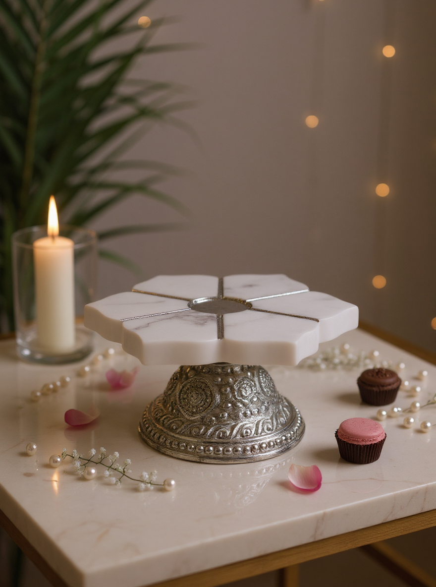 Cake Stand -Marble top Elegant Dessert Display Stand (Silver)