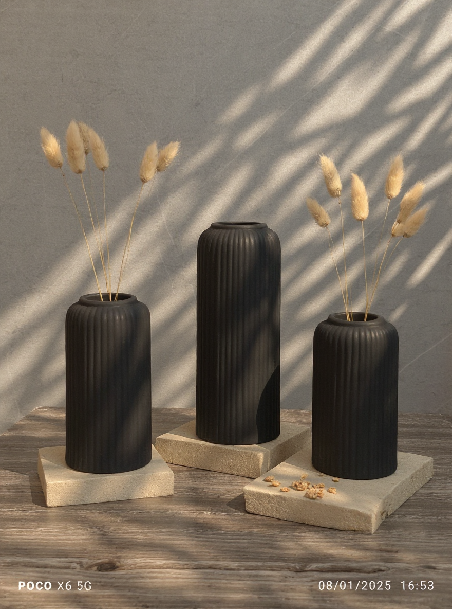Modern Ceramic Matt Black Flower Vase Set for Living Room Decor Set of 3pcs