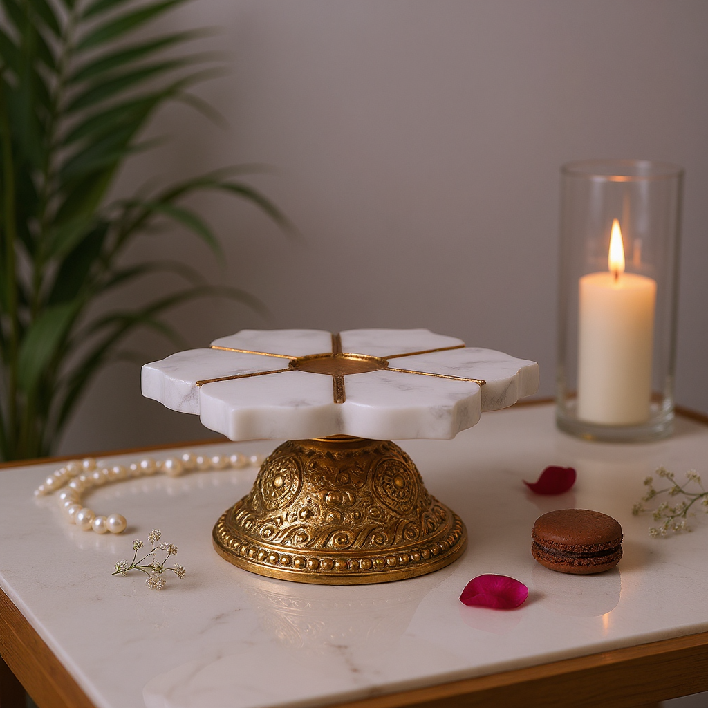 Cake Stand with Marble Top for Elegant Dessert Display (Gold)