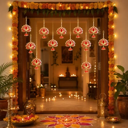 Red Lotus Hanging Toran for Main Door & Mandir Decor-Pack of 12