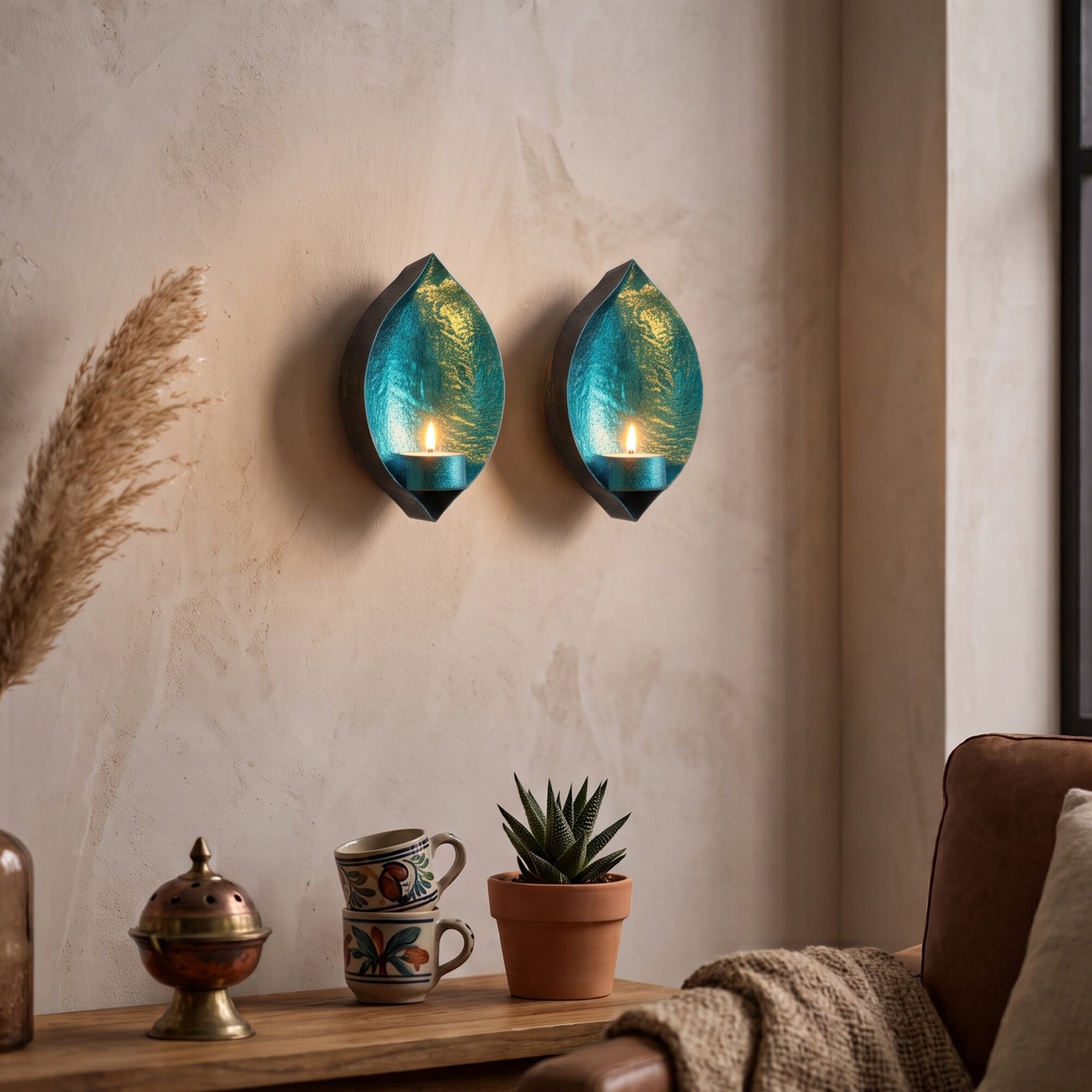 Blue Drop Shape Wall Candle Holder Set of 2 for Home Decor