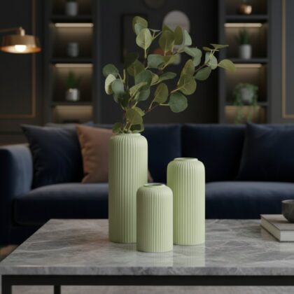 Green ribbed ceramic flower vase set of 3 for home decor