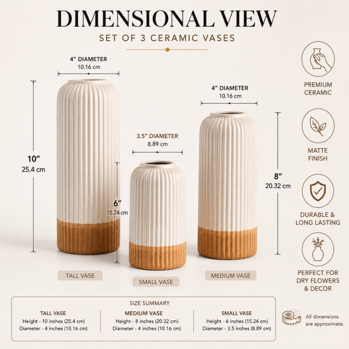 Dual Tone Ceramic Flower Vase Set of 3 in White and Beige Matte Finish