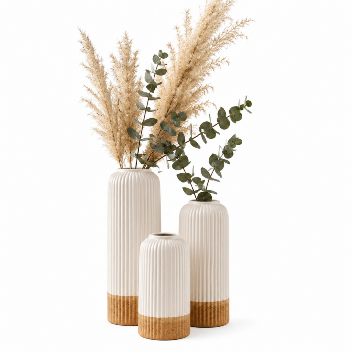 Dual Tone Ceramic Flower Vase Set of 3 in White and Beige Matte Finish