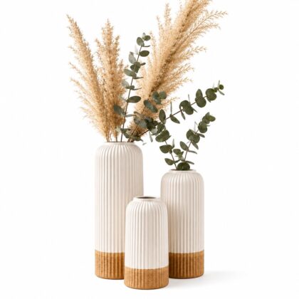 Dual Tone Ceramic Flower Vase Set of 3 in White and Beige Matte Finish